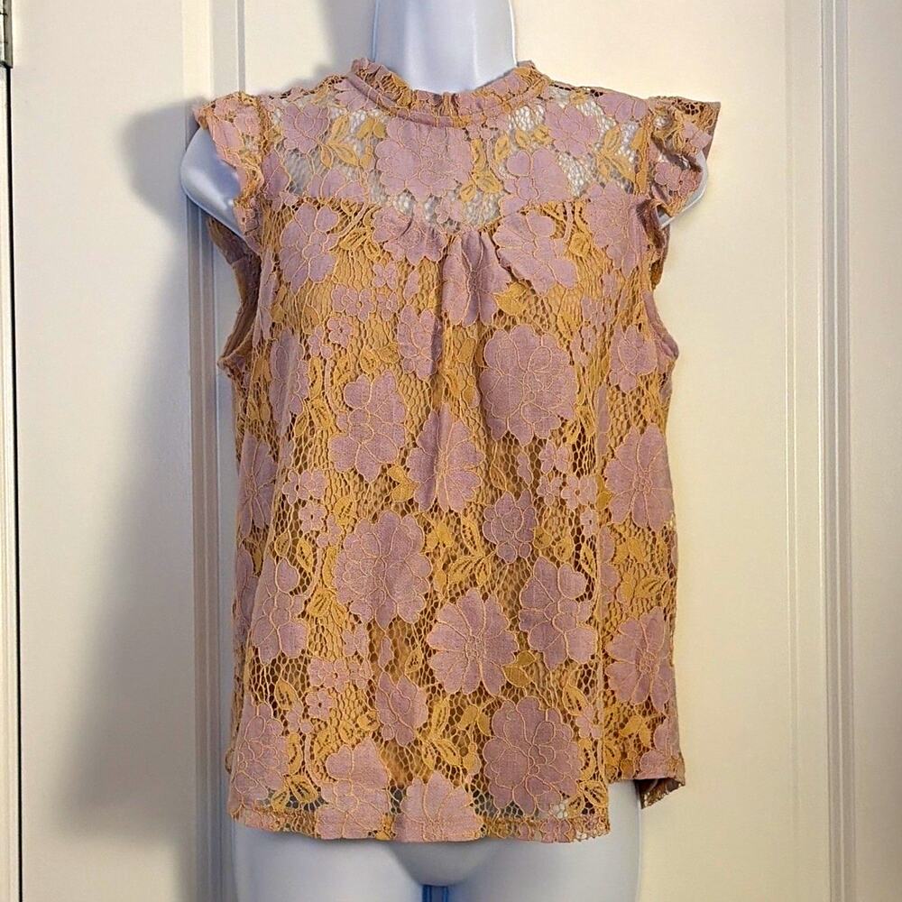 Monteau Lace Floral Mock Neck feminine Ruffle Blouse Size M Cottagecore